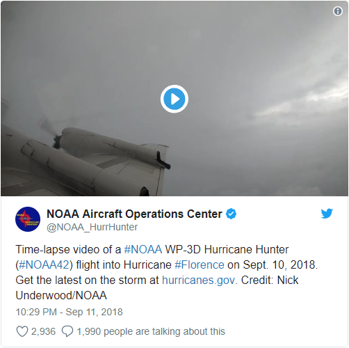 美国猎户座飞机NOAA闯入“佛罗伦萨”台风眼