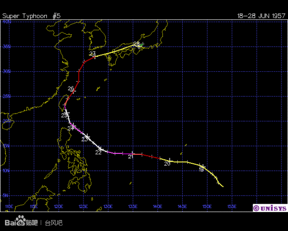 1945年以来所有登陆台湾的台风路径统计